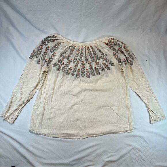 Sundance Embroidered Flowers Cotton Tunic Long Sleeve Off White Blouse L - Picture 4 of 4